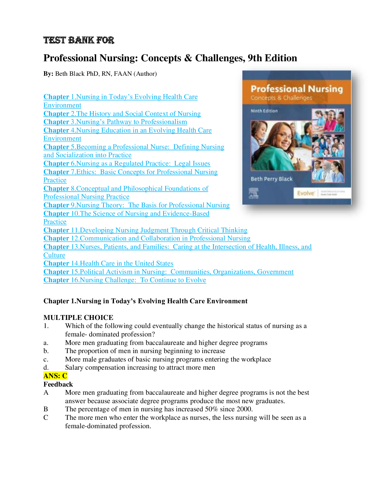 Professional Nursing Concepts & Challenges, 9th Edition | Test Bank